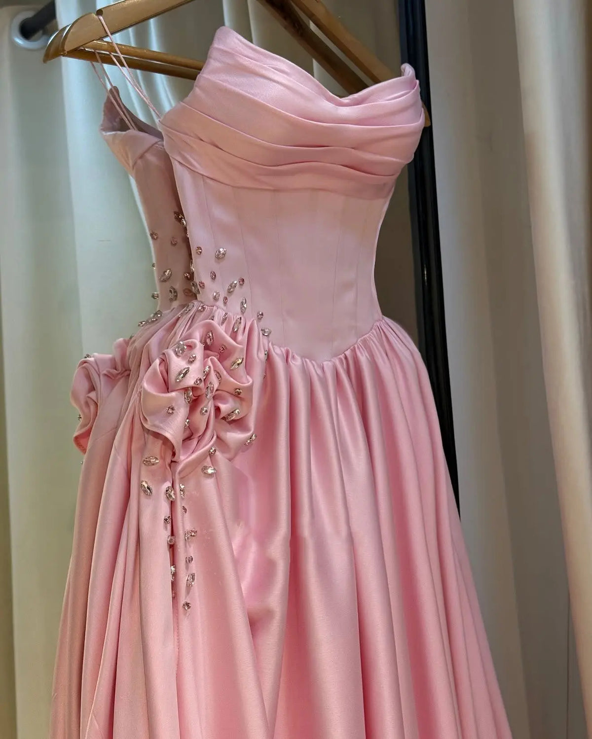 Pink Crystal Strapless High Slit Elegant Evening Dress SF522-7