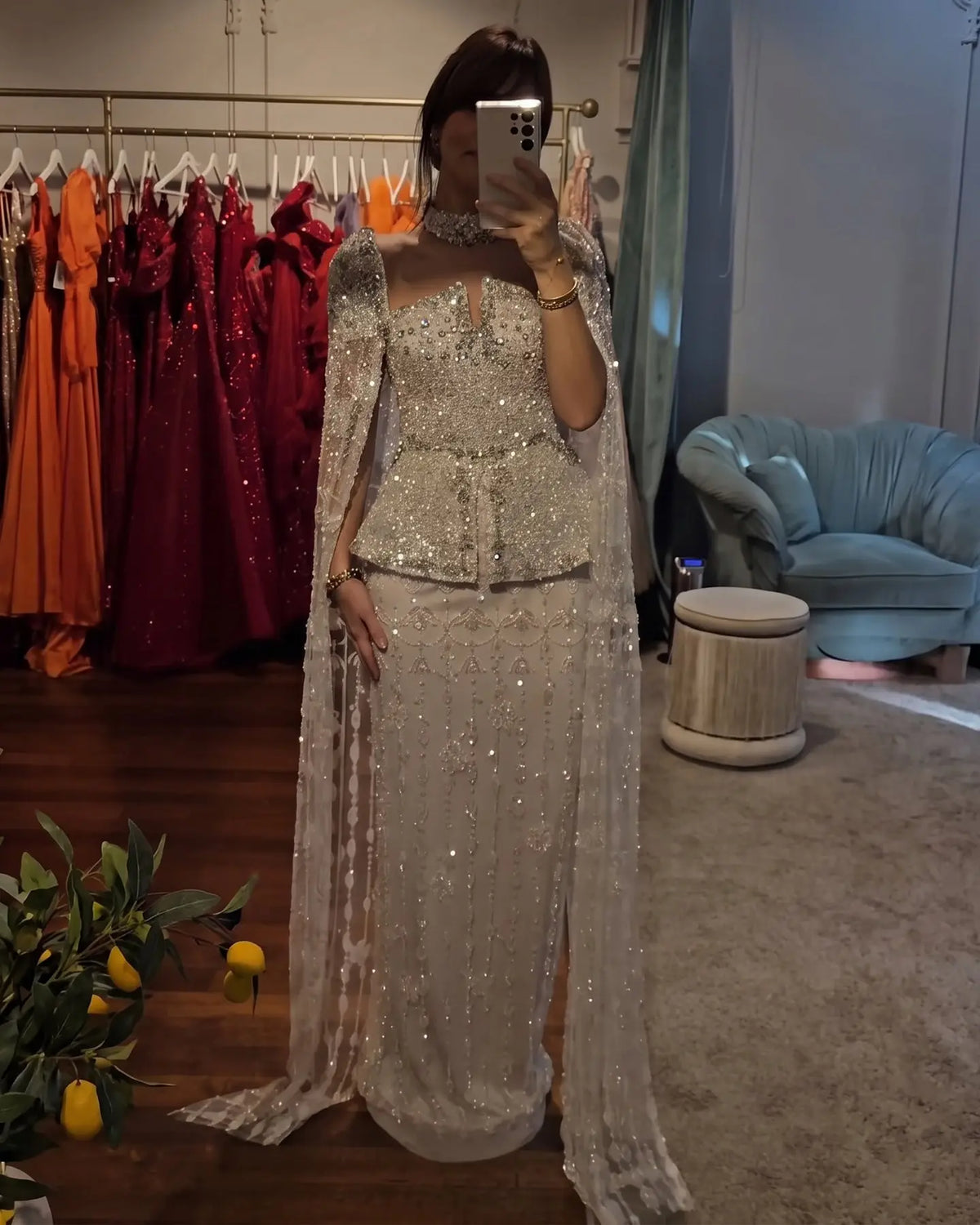 Silver High Neck Fitted Evening Dress Cape SS531