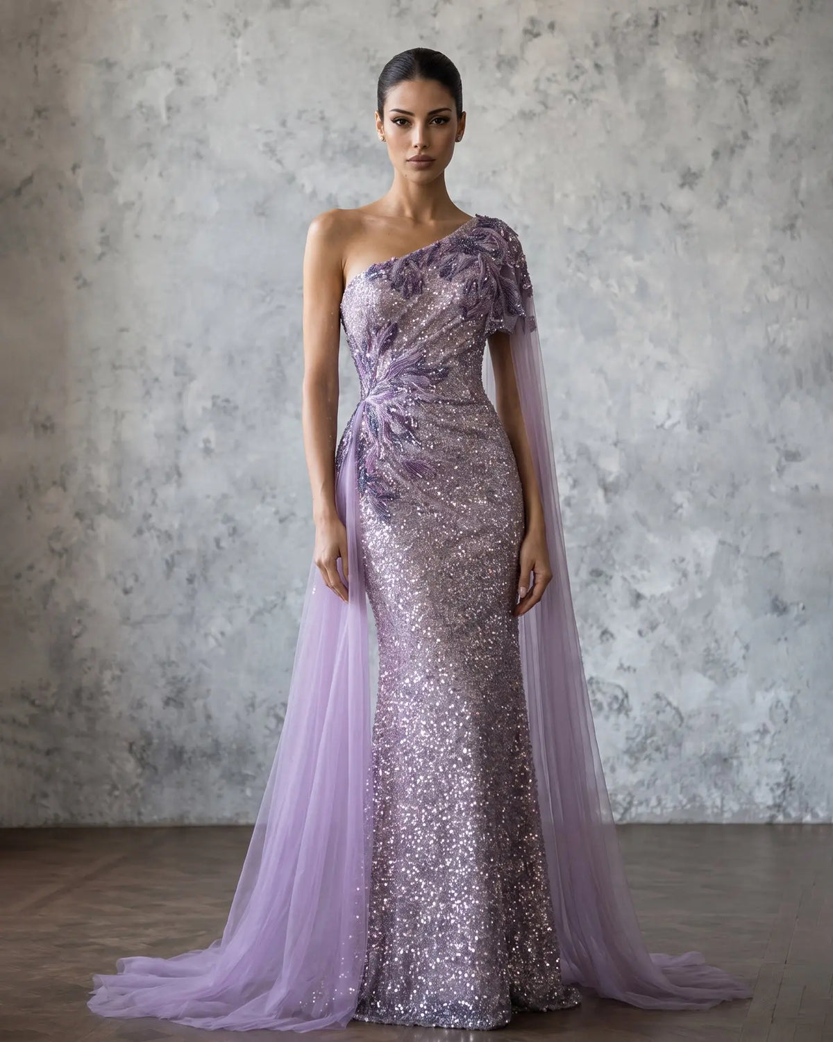 Purple Sequin One Shoulder Cape Formal Dress SS537