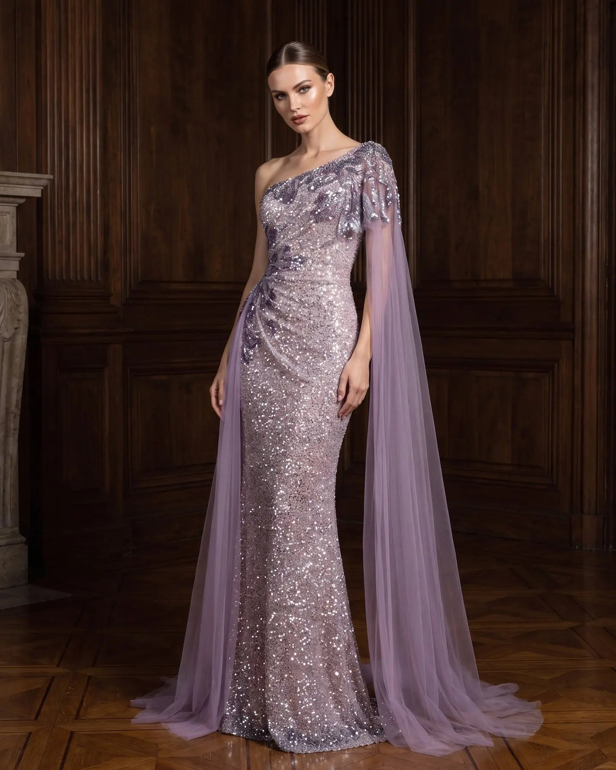 Purple Sequin One Shoulder Cape Formal Dress SS537