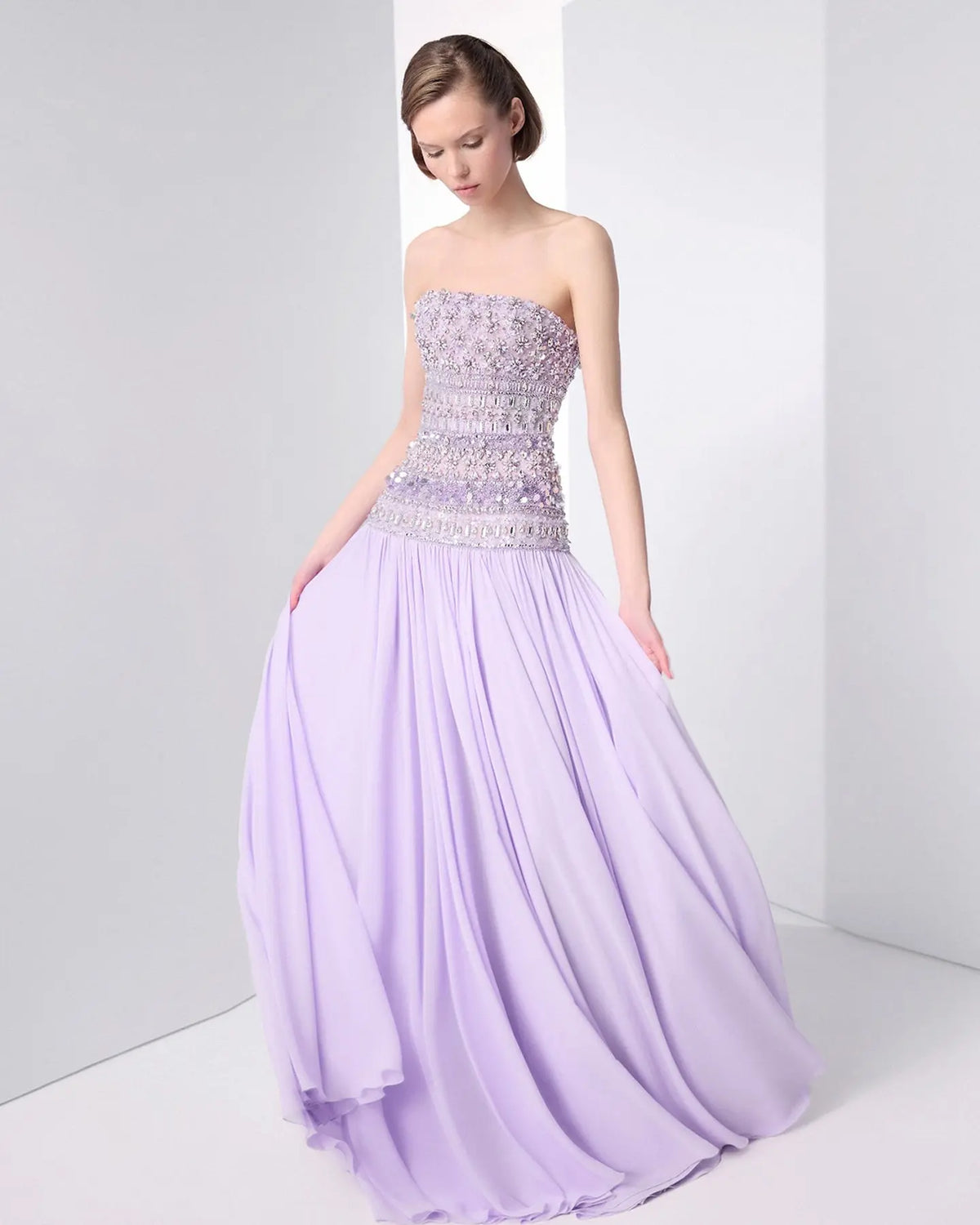 Strapless Lilac Beaded Bodice Evening Dress SS539