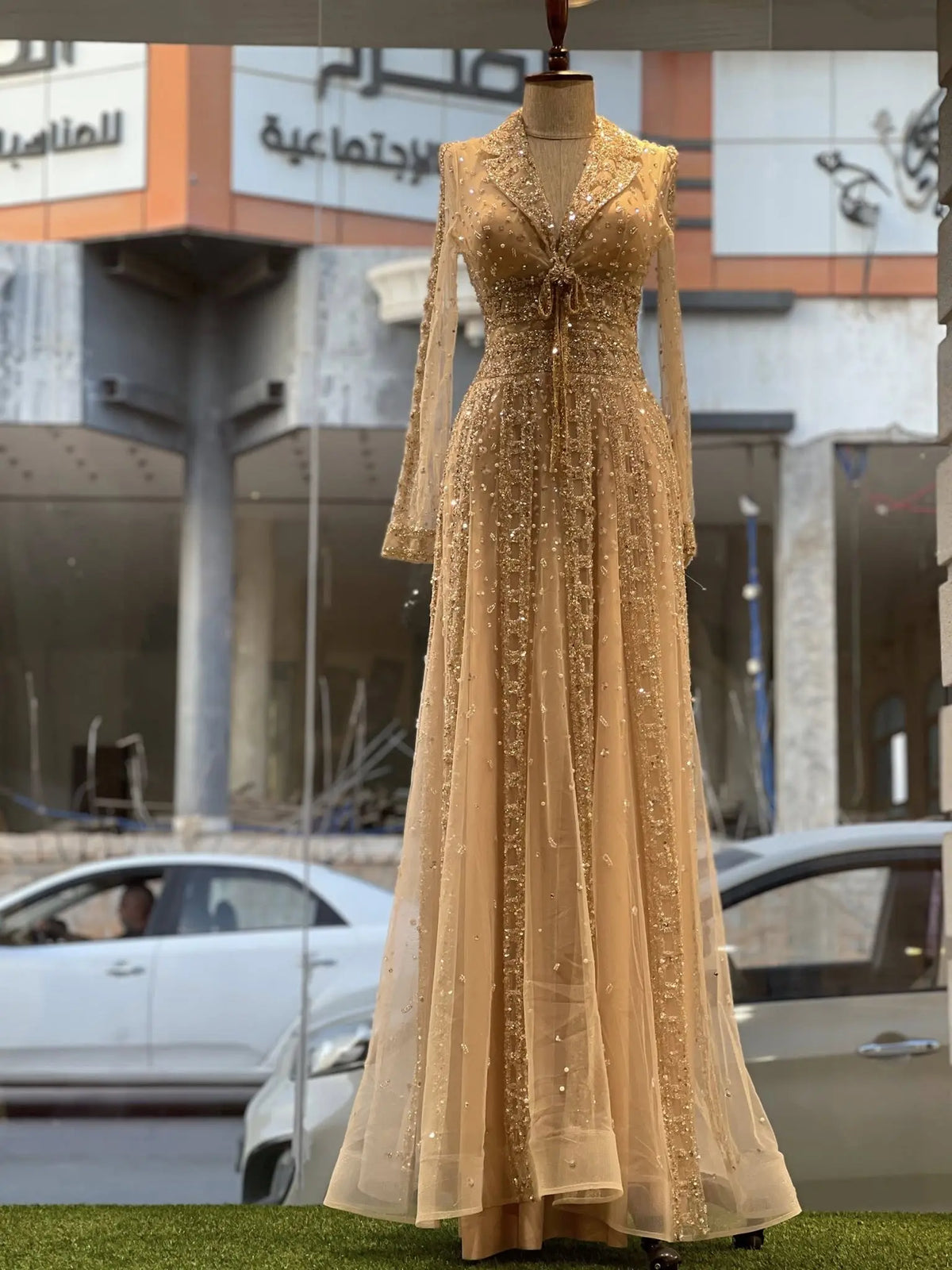 Luxury Champagne Notched Collar Long Sleeve Beaded Evening Dress SS419 