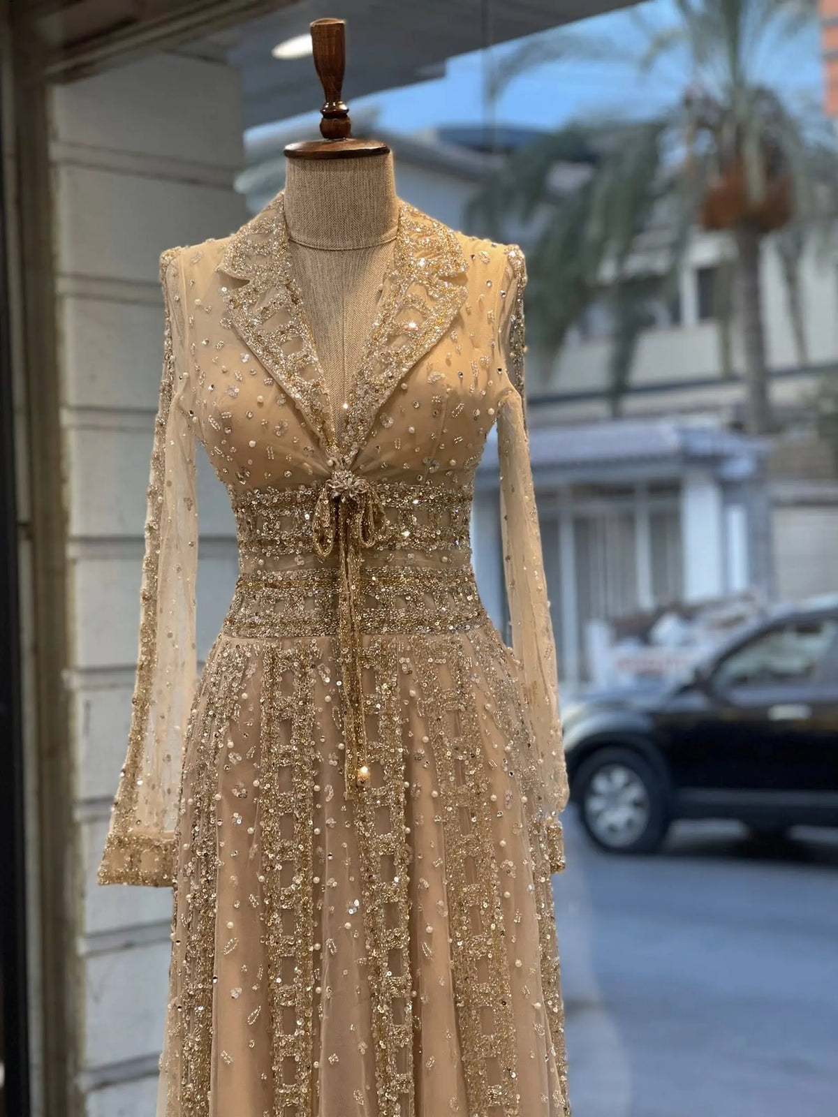 Luxury Champagne Notched Collar Long Sleeve Beaded Evening Dress SS419 