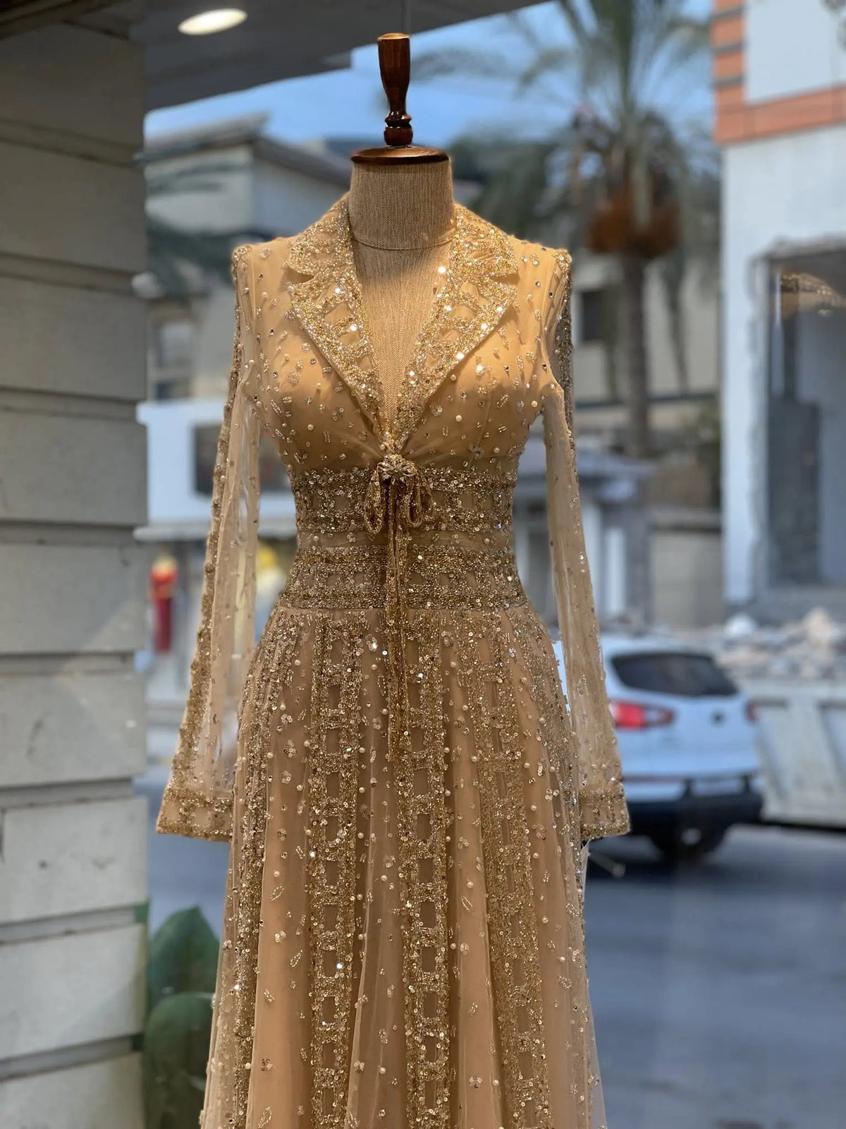 Luxury Champagne Notched Collar Long Sleeve Beaded Evening Dress SS419 