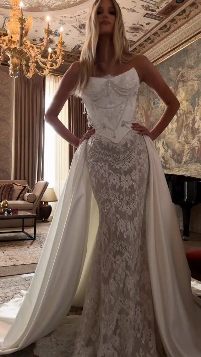 Elegant Ivory Strapless Beaded Corset Lace Mermaid Wedding Dress with Overskirt SW218