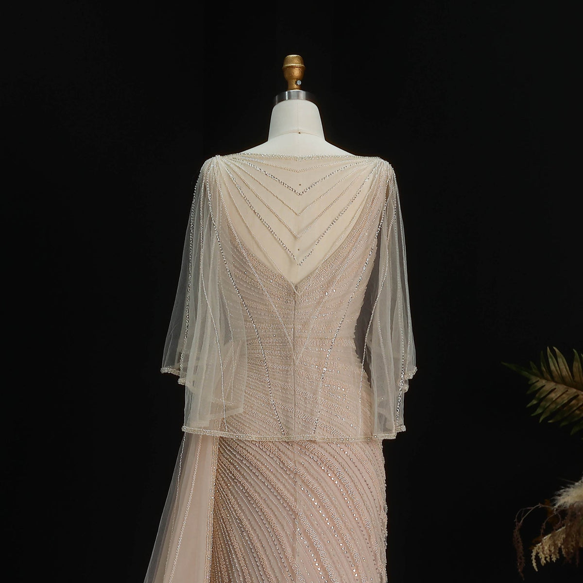 Elegant Champagne V-Neck Beaded Evening Dress with Cape Sleeves SS063 
