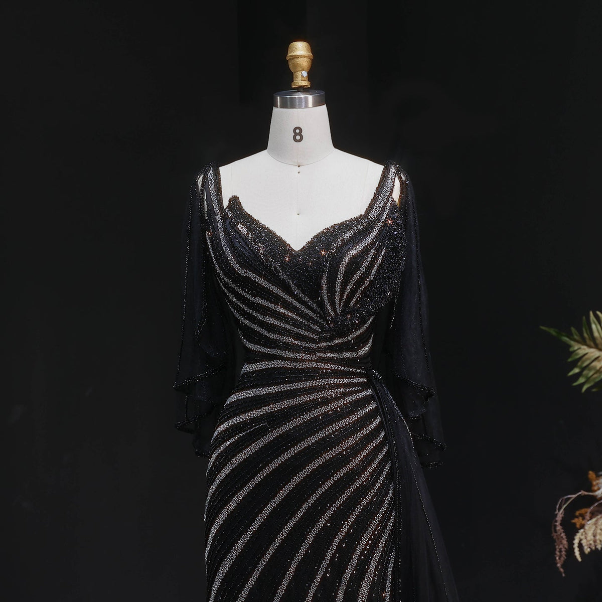 Elegant Champagne V-Neck Beaded Evening Dress with Cape Sleeves SS063 