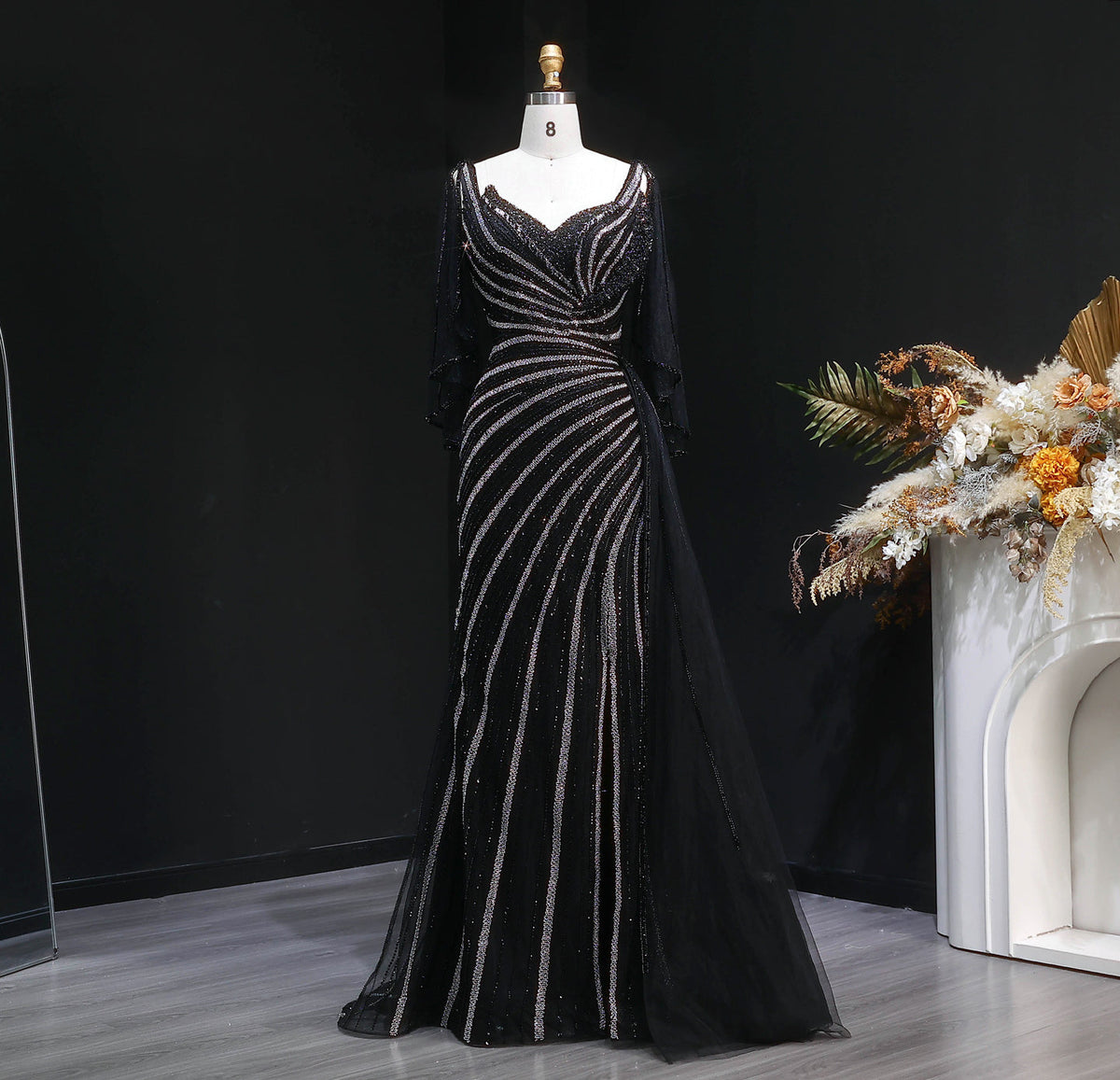 Elegant Champagne V-Neck Beaded Evening Dress with Cape Sleeves SS063 