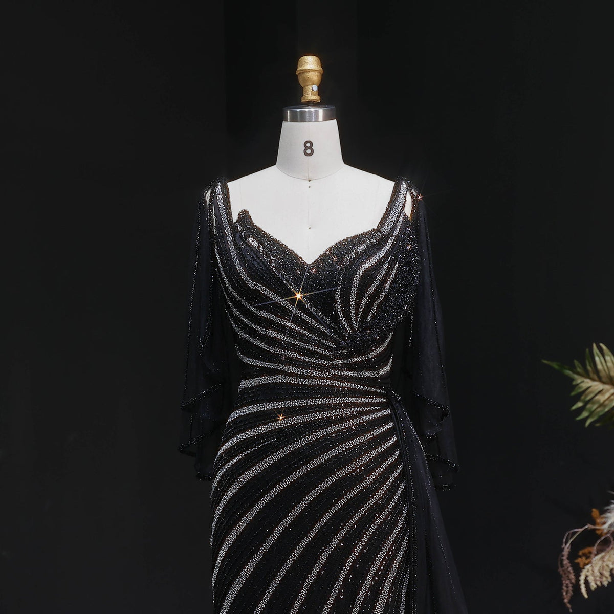 Elegant Champagne V-Neck Beaded Evening Dress with Cape Sleeves SS063 