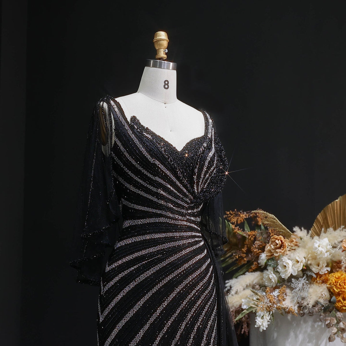 Elegant Champagne V-Neck Beaded Evening Dress with Cape Sleeves SS063 