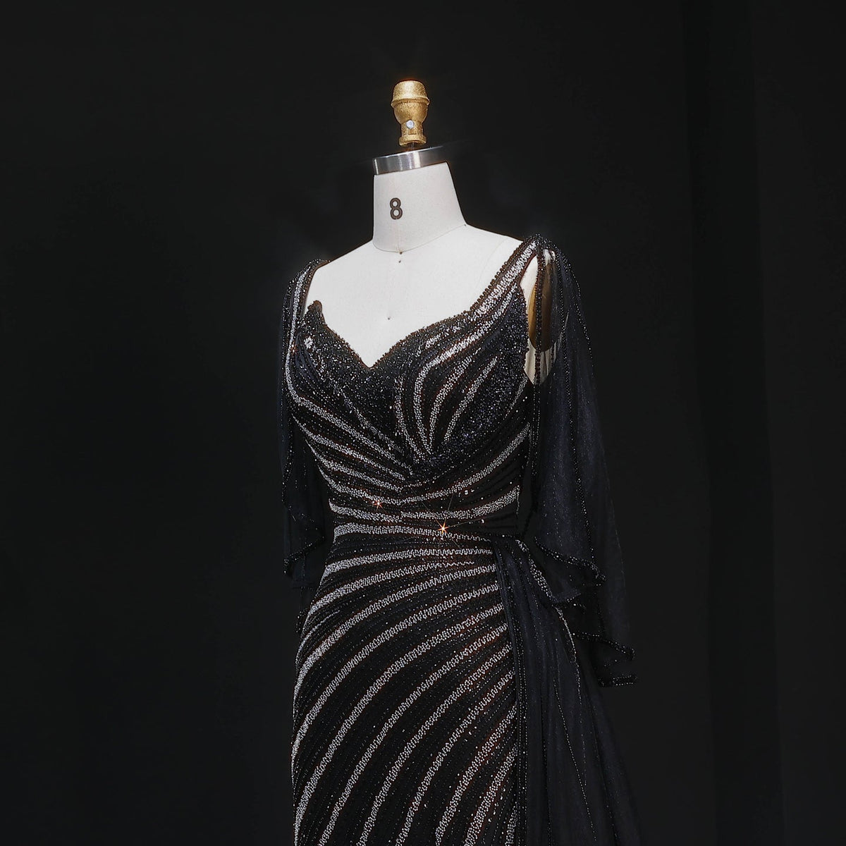 Elegant Champagne V-Neck Beaded Evening Dress with Cape Sleeves SS063 
