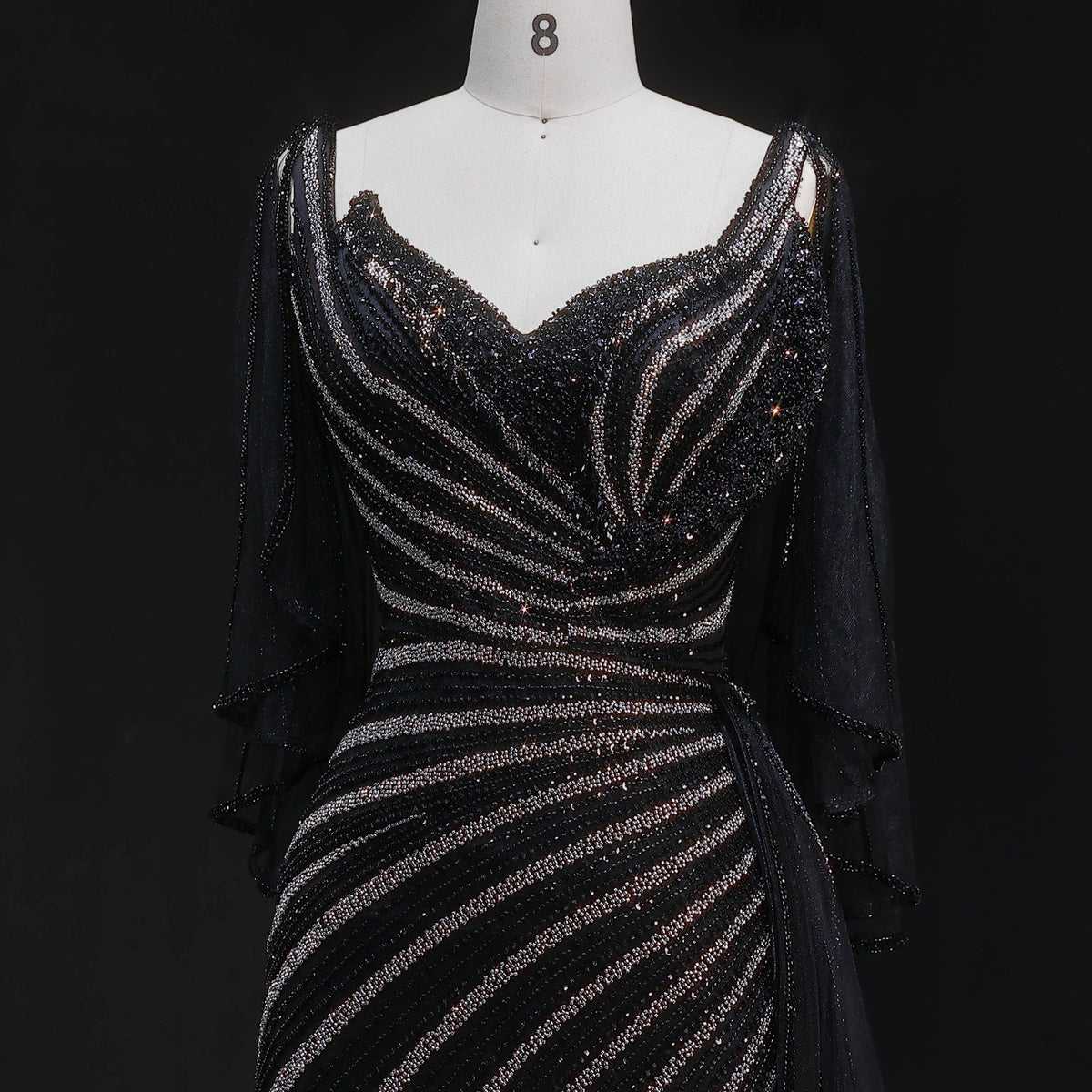 Elegant Champagne V-Neck Beaded Evening Dress with Cape Sleeves SS063 
