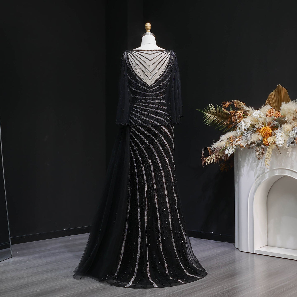Elegant Champagne V-Neck Beaded Evening Dress with Cape Sleeves SS063 