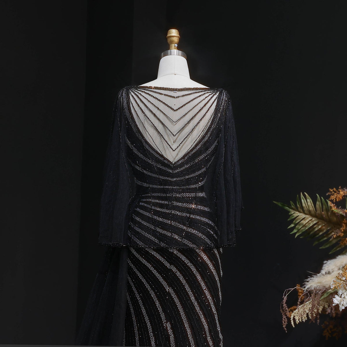 Elegant Champagne V-Neck Beaded Evening Dress with Cape Sleeves SS063 