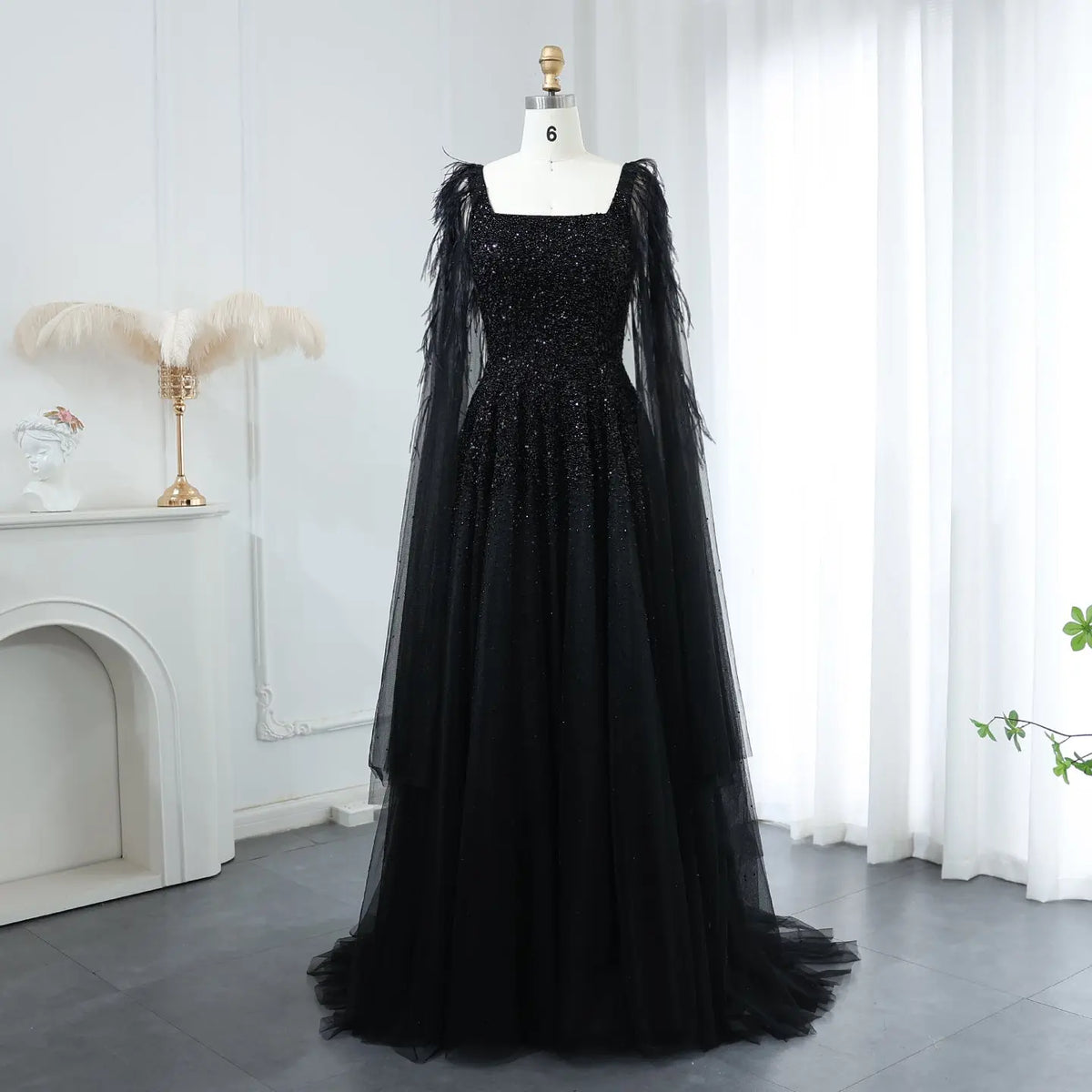 Luxury Pink Feathers Evening Dress with Cape Sleeves SS406 