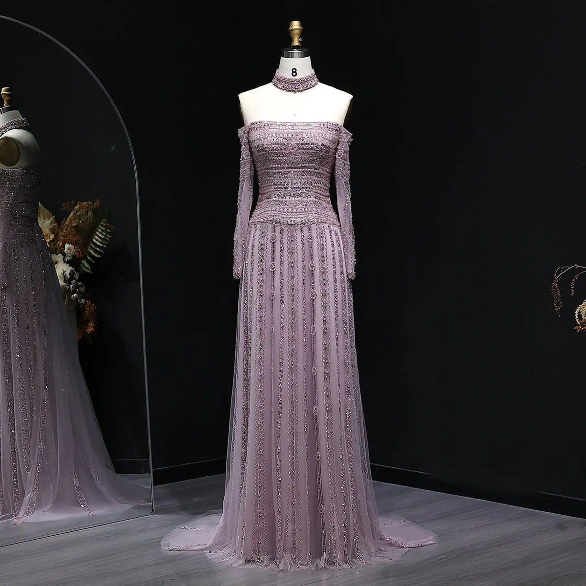 Luxury Beaded Off Shoulder Pink Evening Dress with Choker SS178 
