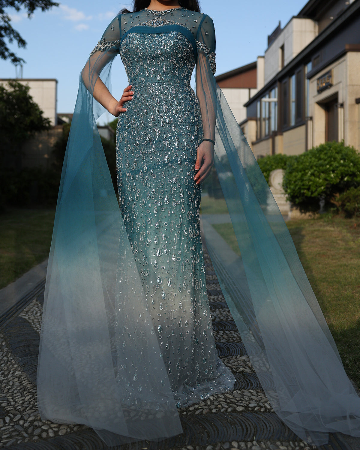 Luxury Turquoise Crystal Evening Dresses with Cape Sleeves SS206