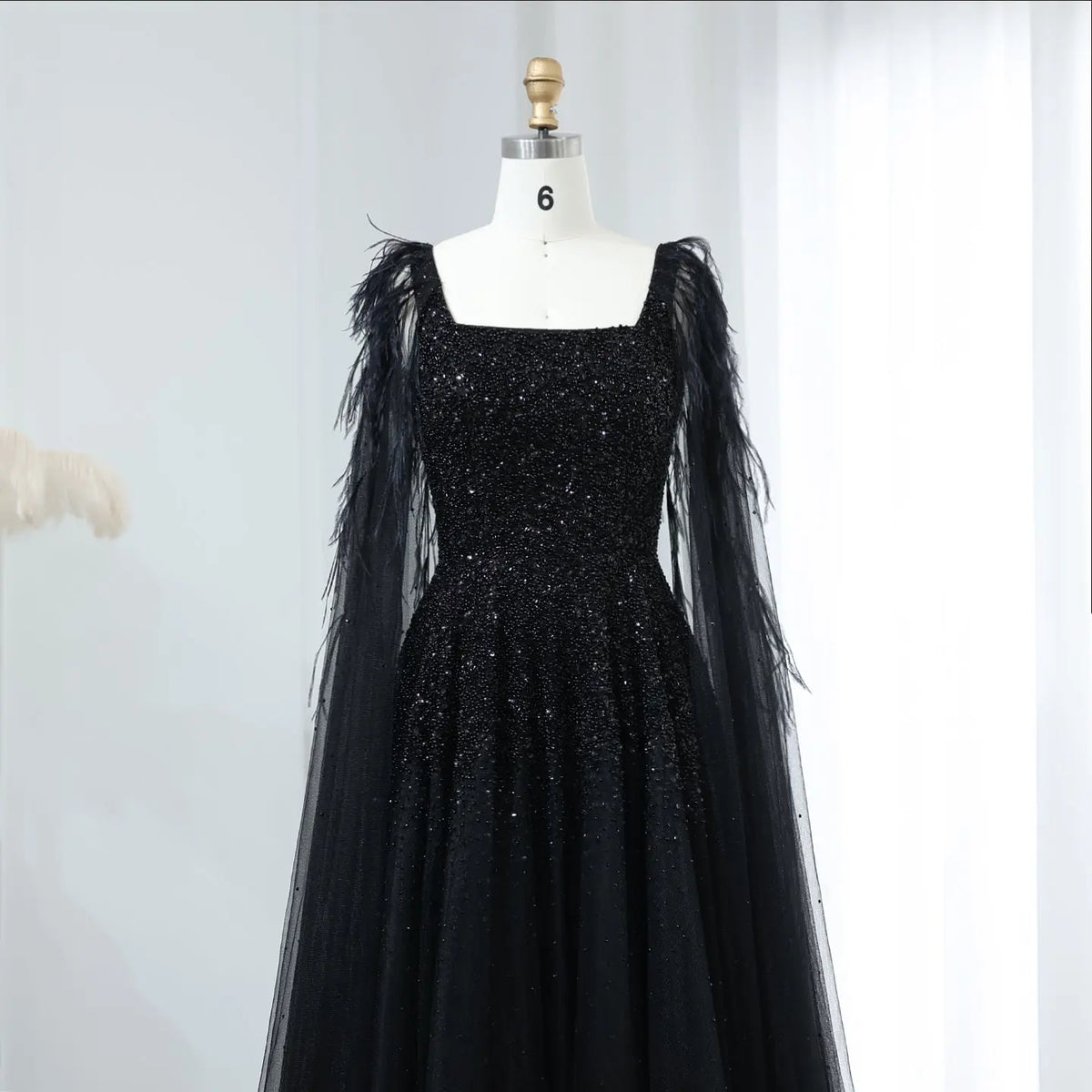 Luxury Pink Feathers Evening Dress with Cape Sleeves SS406 