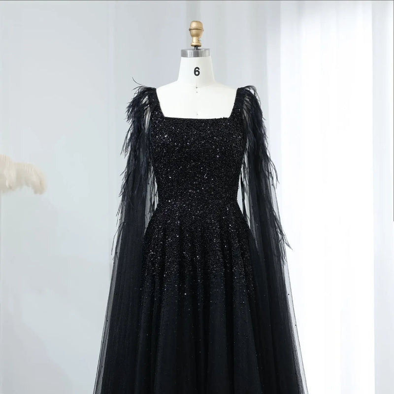 Luxury Pink Feathers Evening Dress with Cape Sleeves SS406 