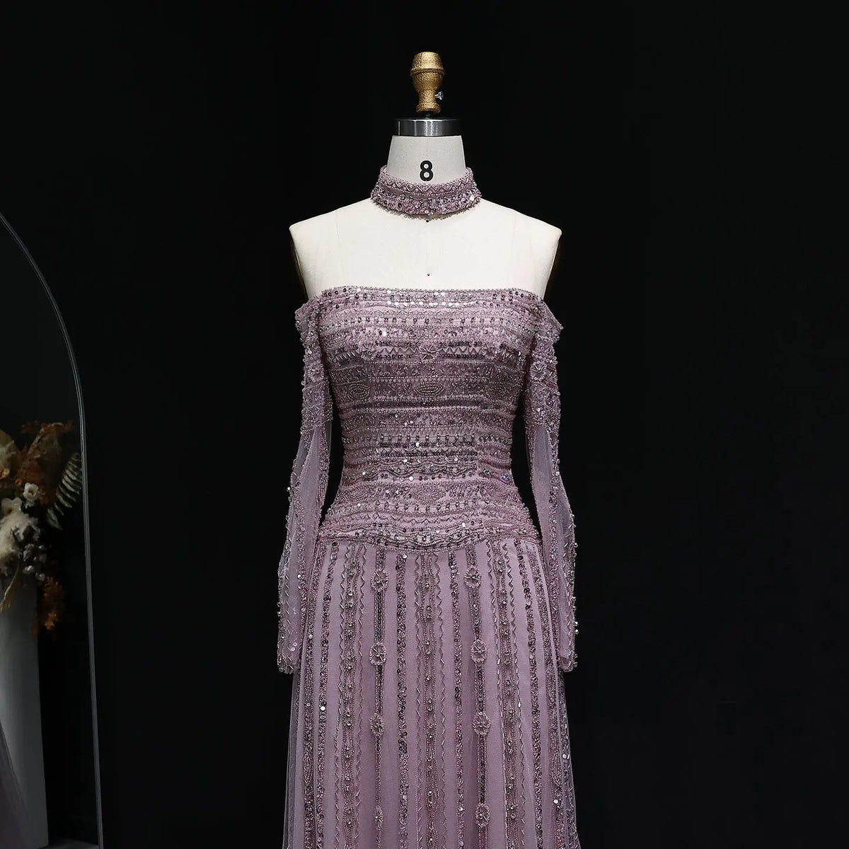 Luxury Beaded Off Shoulder Pink Evening Dress with Choker SS178 