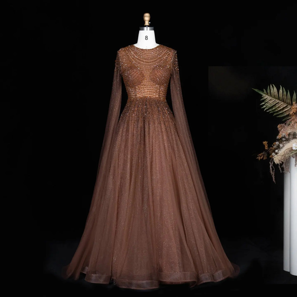 Rhinestone Cape Sleeve A Line Evening Dress SS059