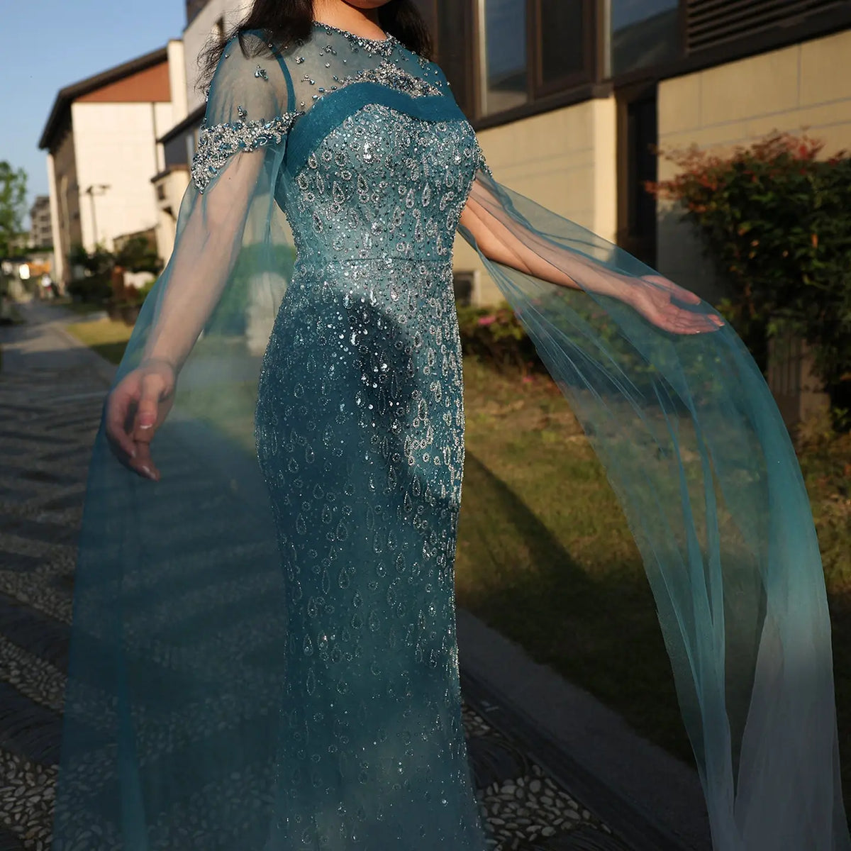 Luxury Turquoise Crystal Evening Dresses with Cape Sleeves SS666 - SHARONSAID Luxury Turquoise Crystal Evening Dresses with Cape Sleeves SS666 - SHARONSAID
