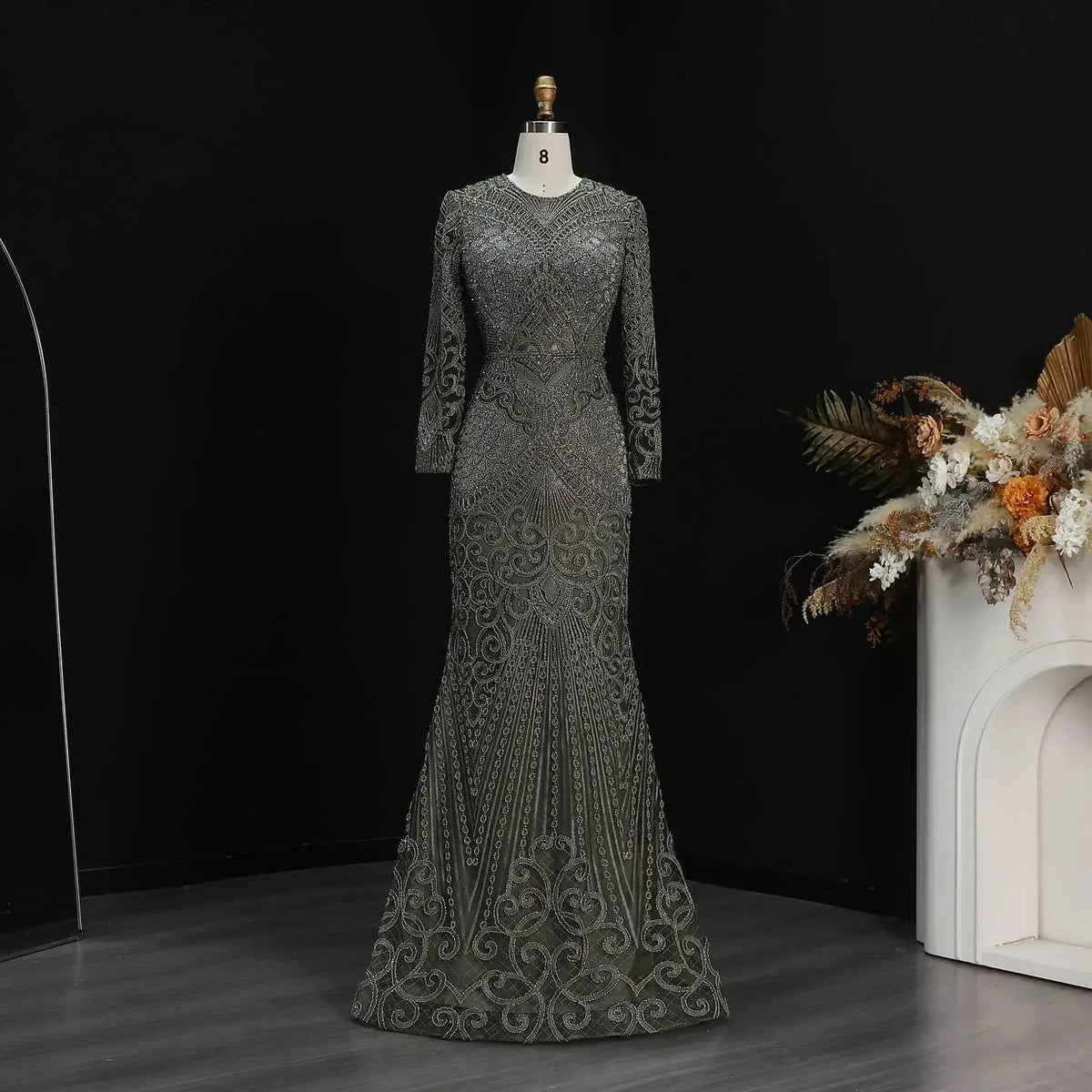 Regal Dark Green Long Sleeve Beaded Mermaid Evening Dress SS056 