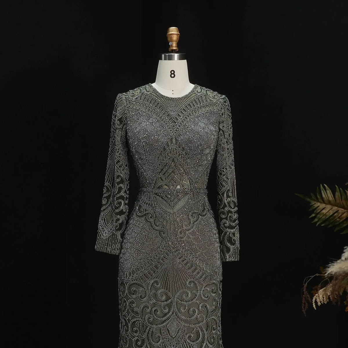 Regal Dark Green Long Sleeve Beaded Mermaid Evening Dress SS056 