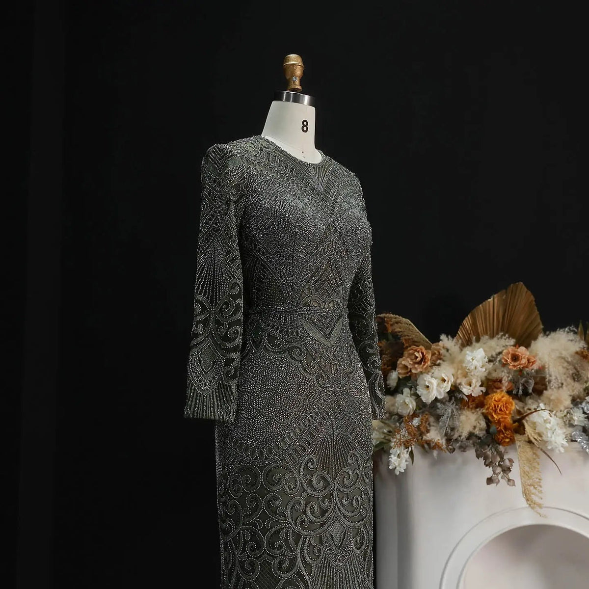 Regal Dark Green Long Sleeve Beaded Mermaid Evening Dress SS056 