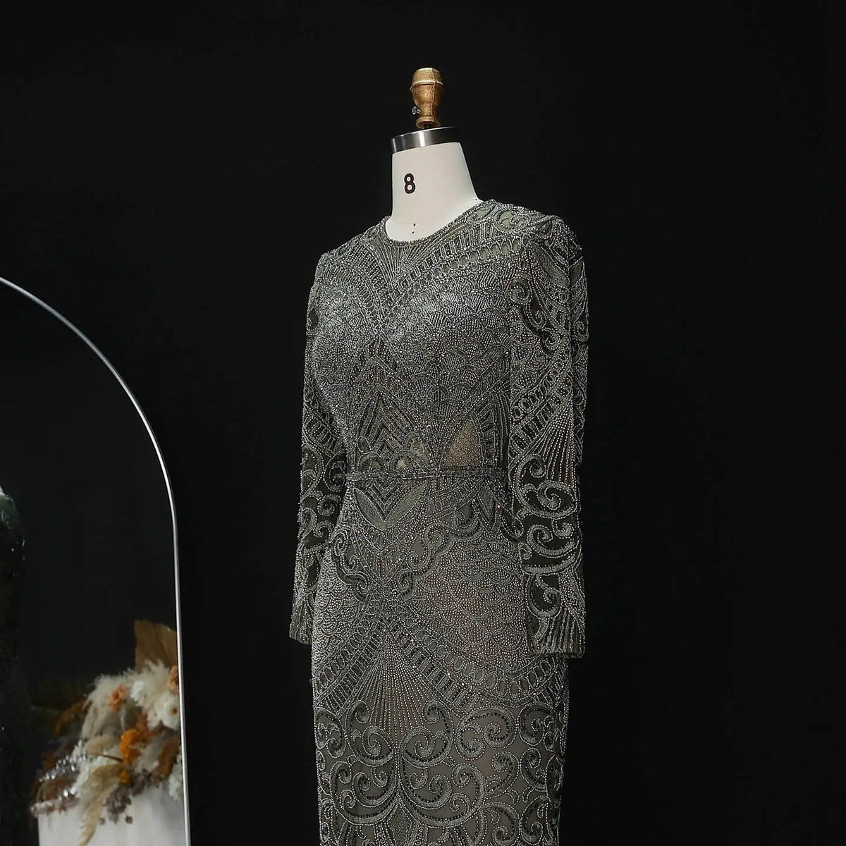 Regal Dark Green Long Sleeve Beaded Mermaid Evening Dress SS056 