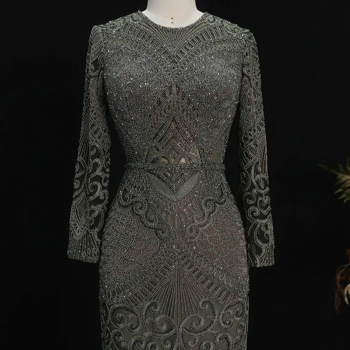 Regal Dark Green Long Sleeve Beaded Mermaid Evening Dress SS056 