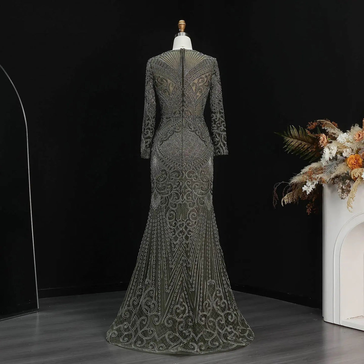 Regal Dark Green Long Sleeve Beaded Mermaid Evening Dress SS056 