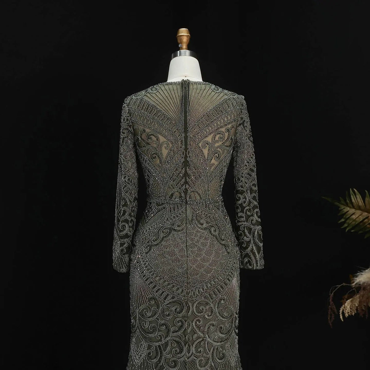 Regal Dark Green Long Sleeve Beaded Mermaid Evening Dress SS056 
