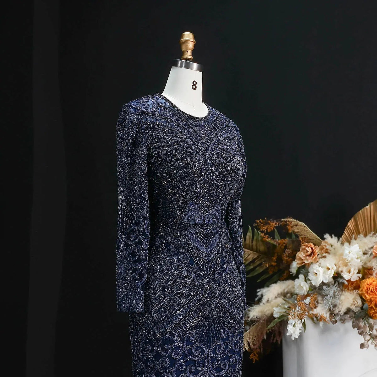 Regal Dark Green Long Sleeve Beaded Mermaid Evening Dress SS056 