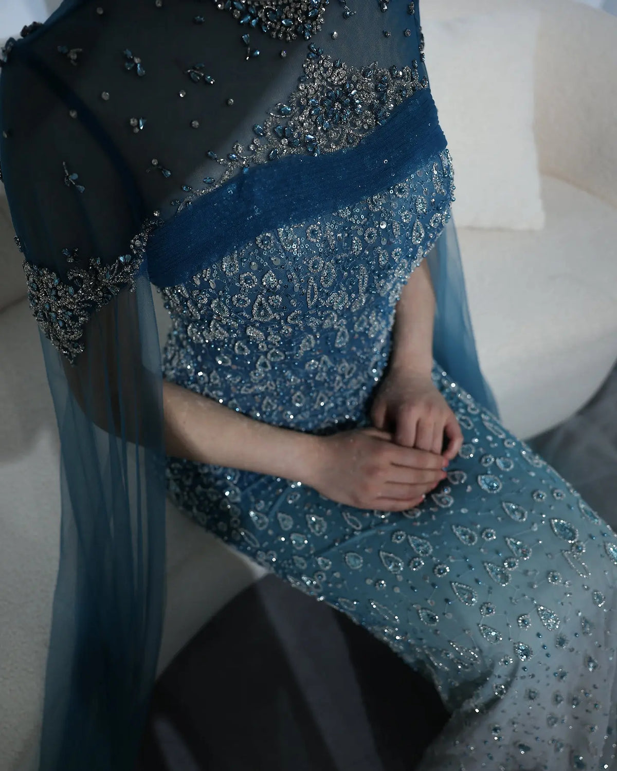 Luxury Turquoise Crystal Evening Dresses with Cape Sleeves SS666