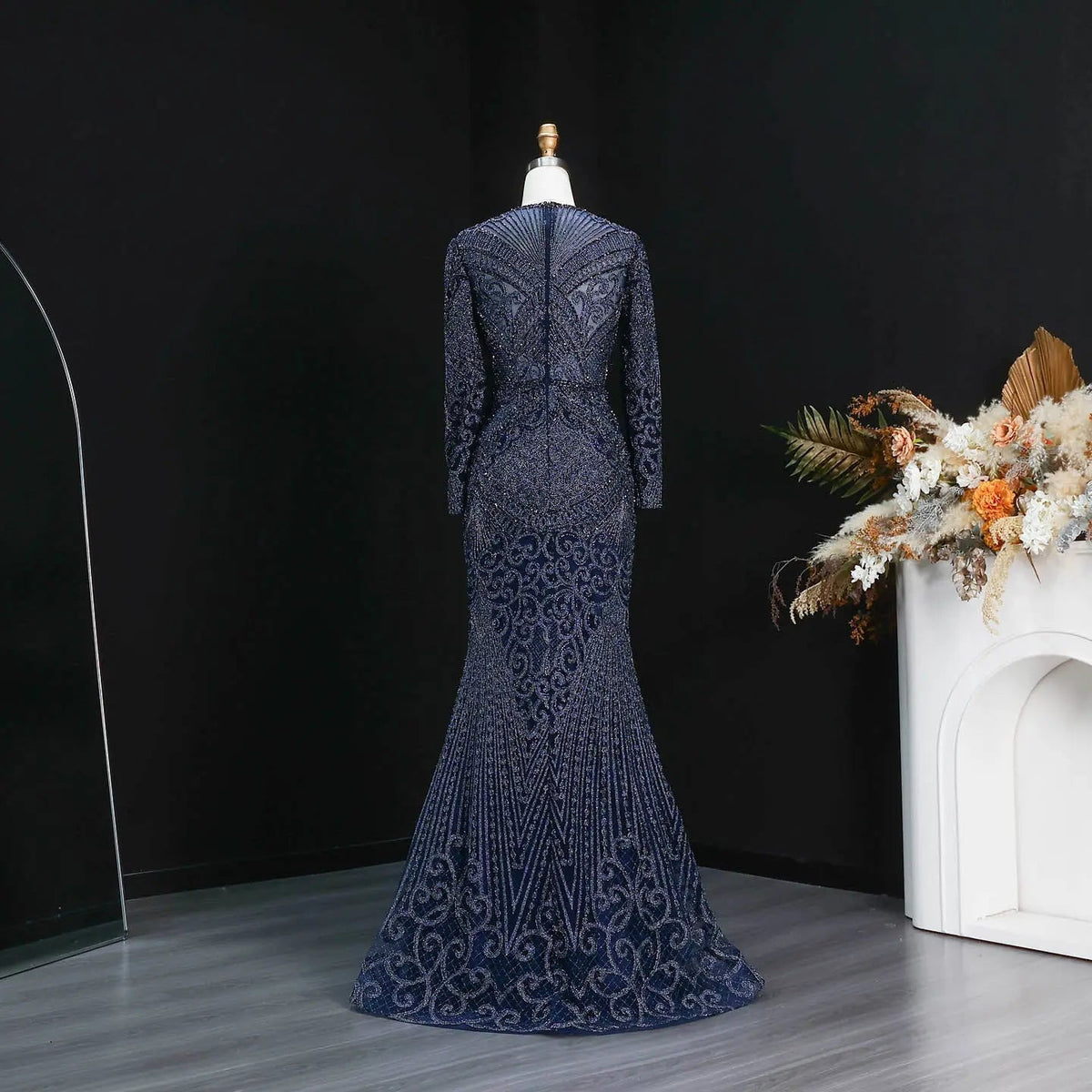 Regal Dark Green Long Sleeve Beaded Mermaid Evening Dress SS056 