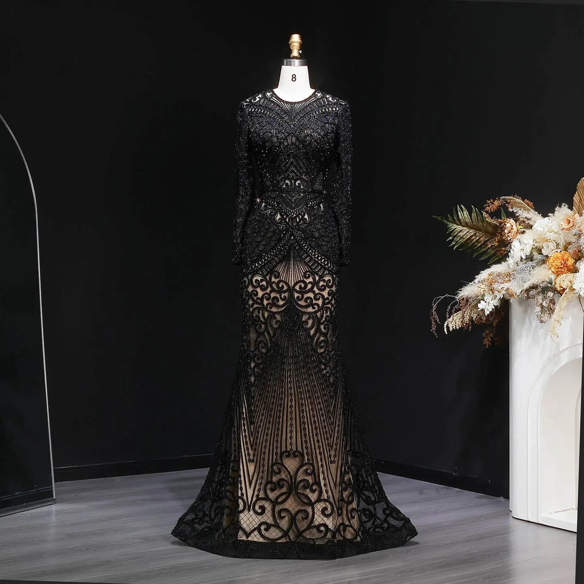 Regal Dark Green Long Sleeve Beaded Mermaid Evening Dress SS056 