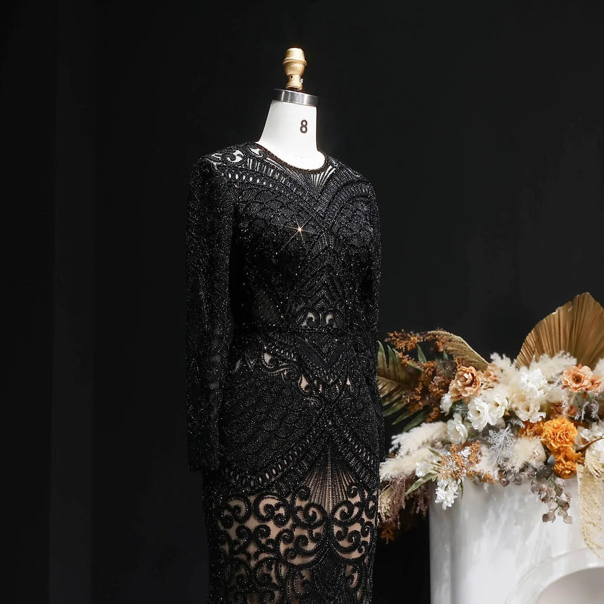 Regal Dark Green Long Sleeve Beaded Mermaid Evening Dress SS056 