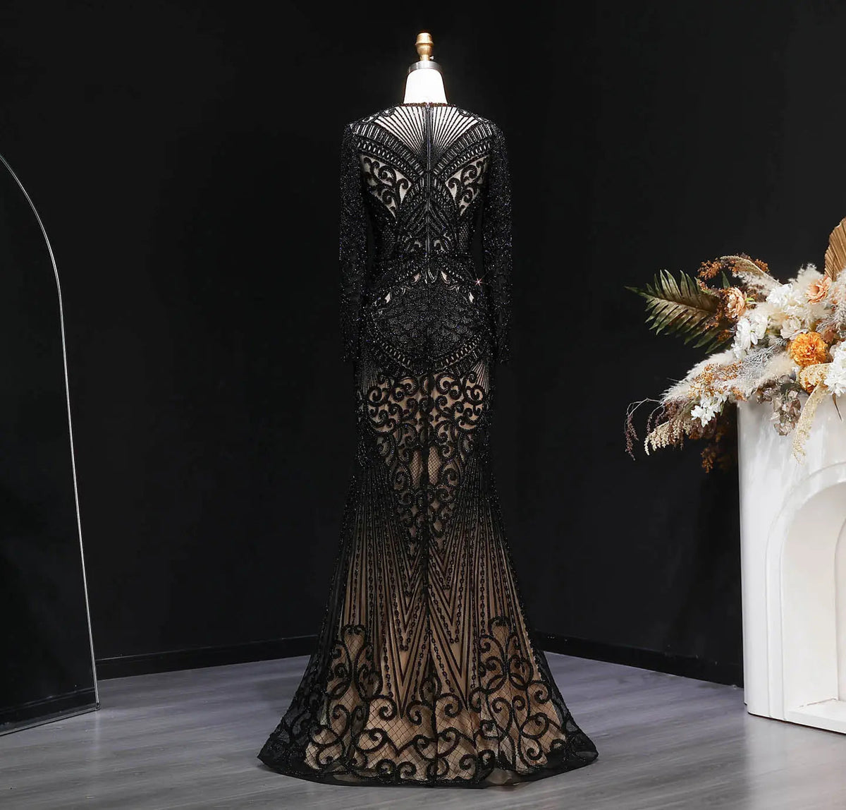 Regal Dark Green Long Sleeve Beaded Mermaid Evening Dress SS056 