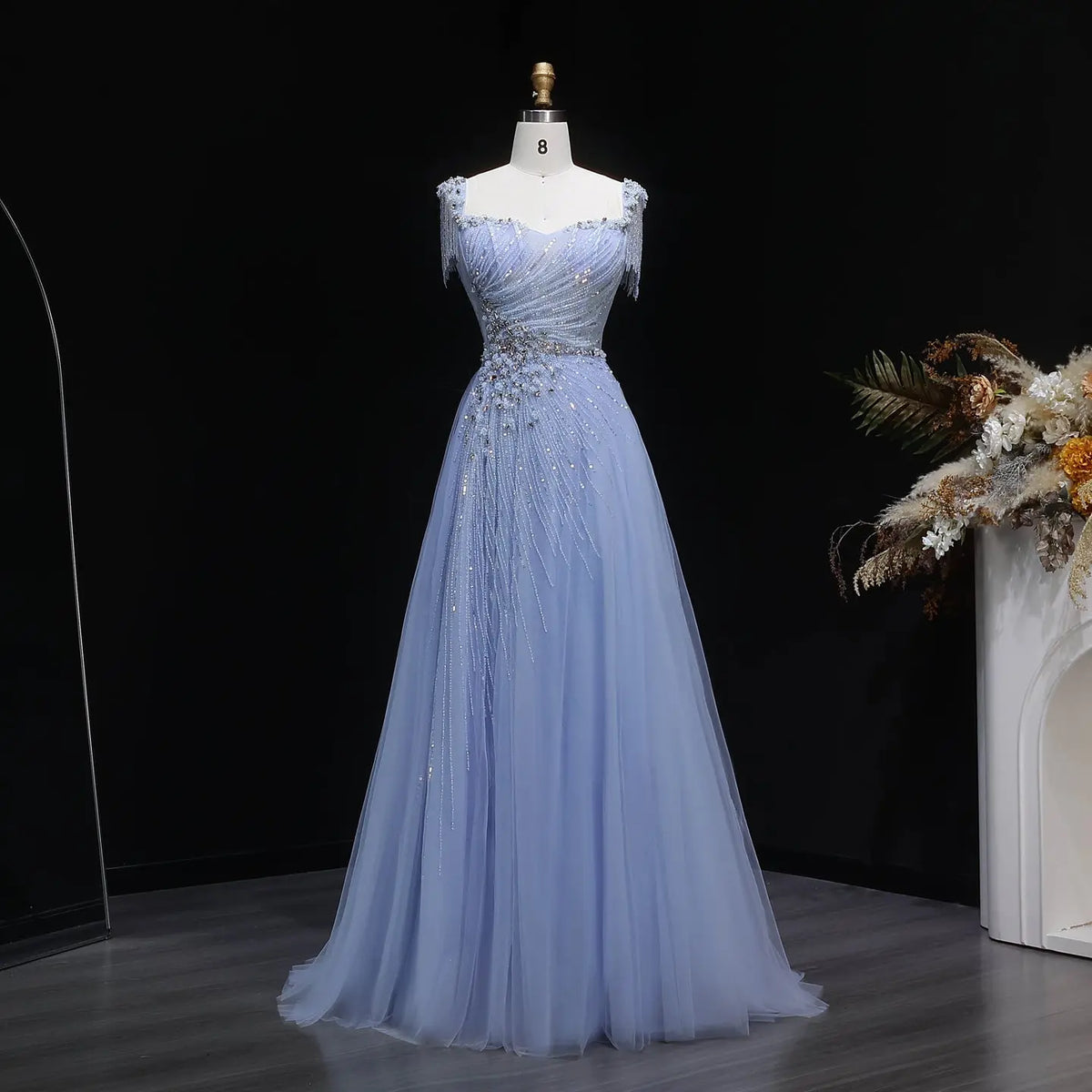 Luxury Blue Tassel Beaded Tulle A-Line Evening Dress SS058 