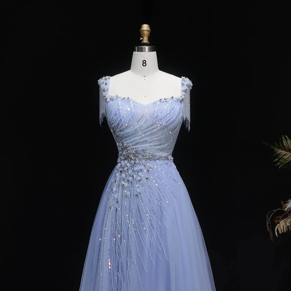 Luxury Blue Tassel Beaded Tulle A-Line Evening Dress SS058 