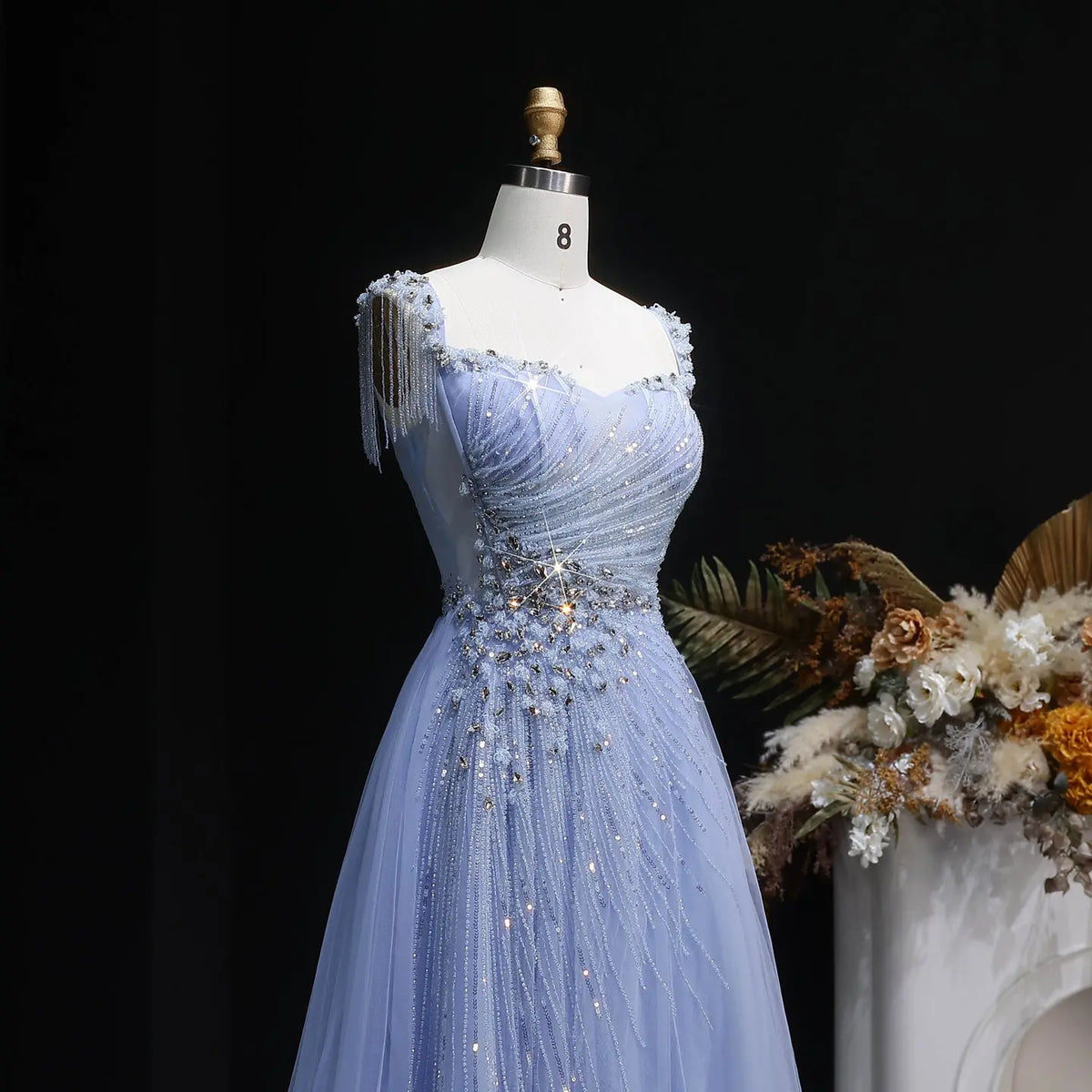Luxury Blue Tassel Beaded Tulle A-Line Evening Dress SS058 