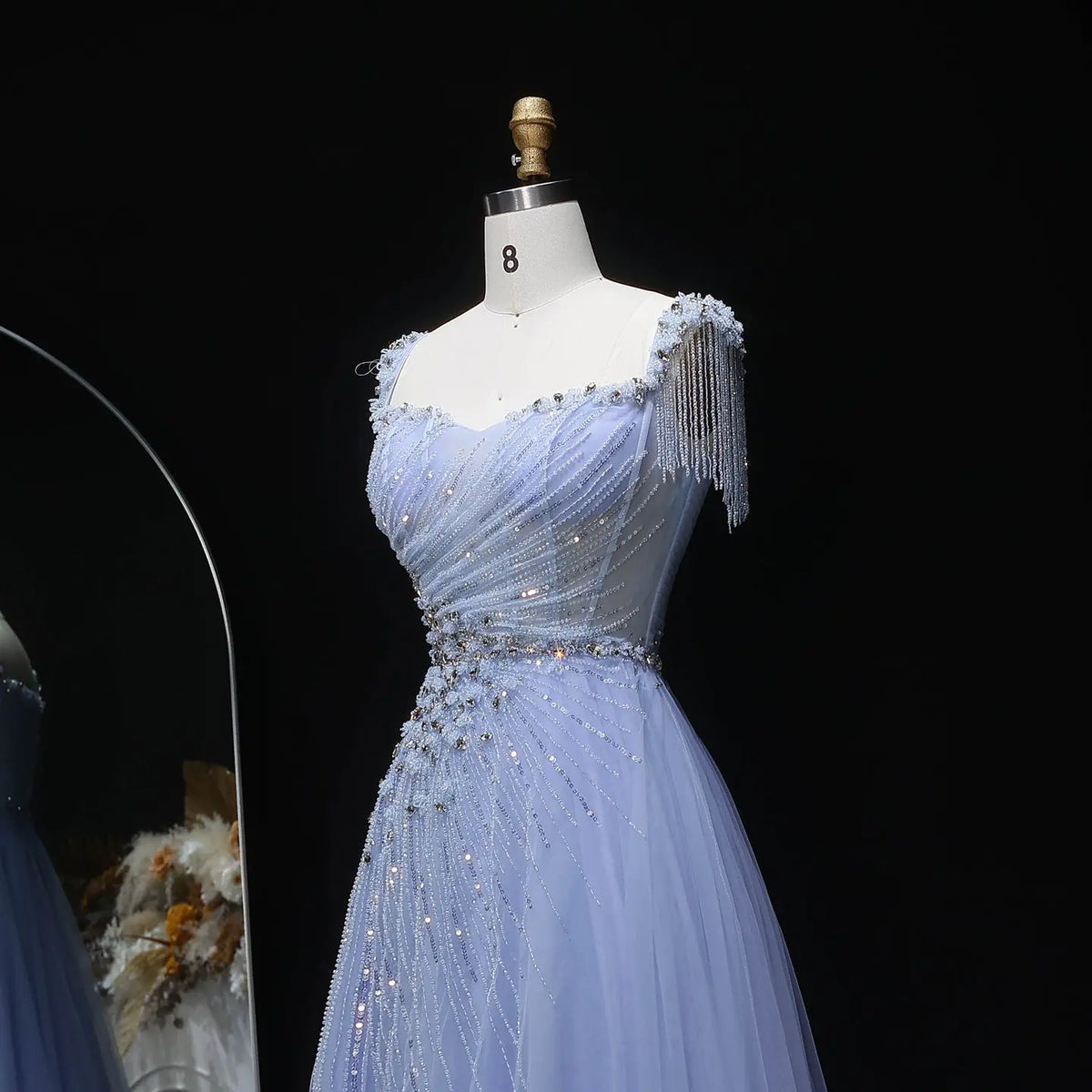 Luxury Blue Tassel Beaded Tulle A-Line Evening Dress SS058 