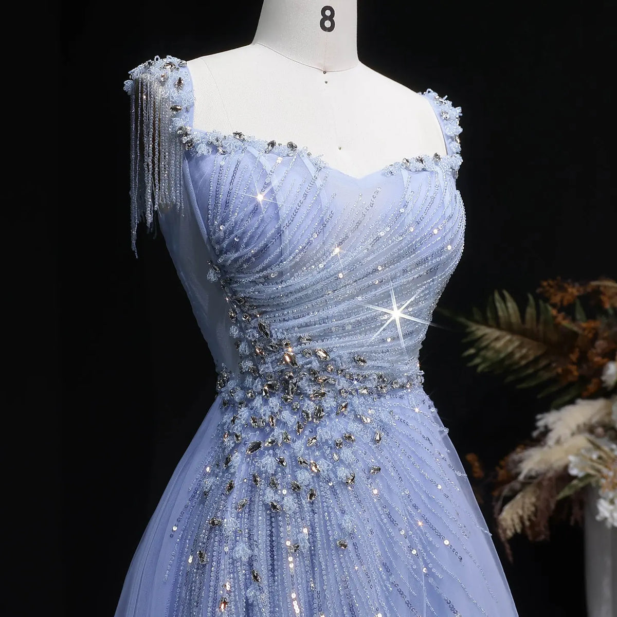 Luxury Blue Tassel Beaded Tulle A-Line Evening Dress SS058 
