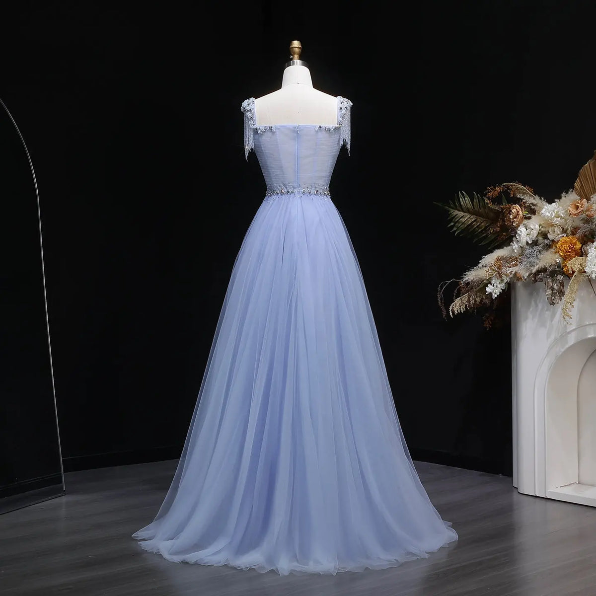 Luxury Blue Tassel Beaded Tulle A-Line Evening Dress SS058 