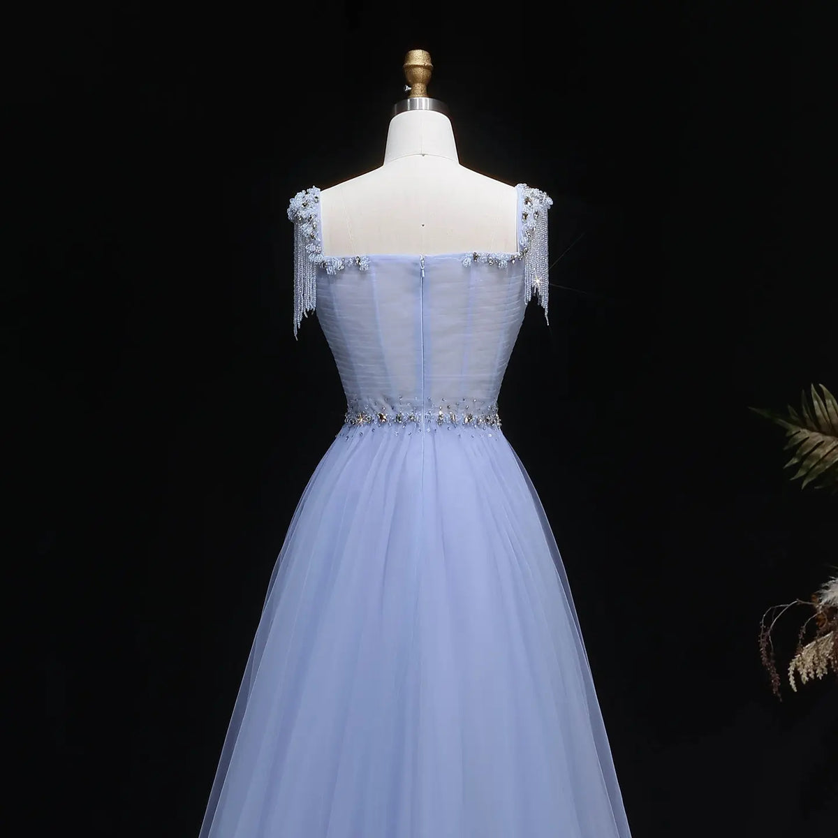 Luxury Blue Tassel Beaded Tulle A-Line Evening Dress SS058 