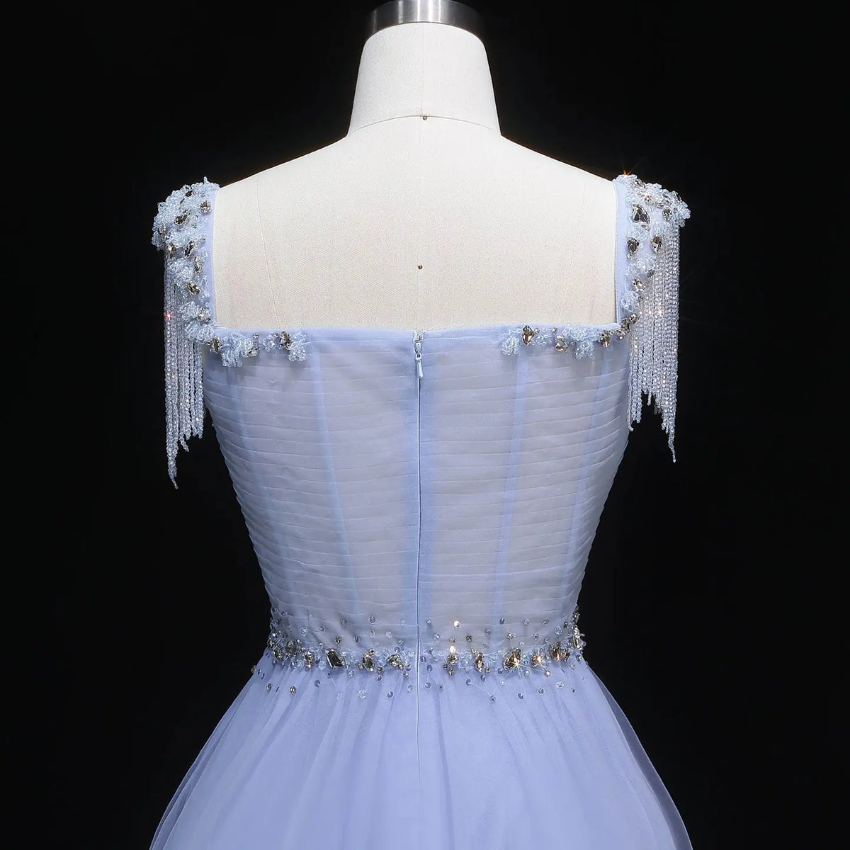 Luxury Blue Tassel Beaded Tulle A-Line Evening Dress SS058 