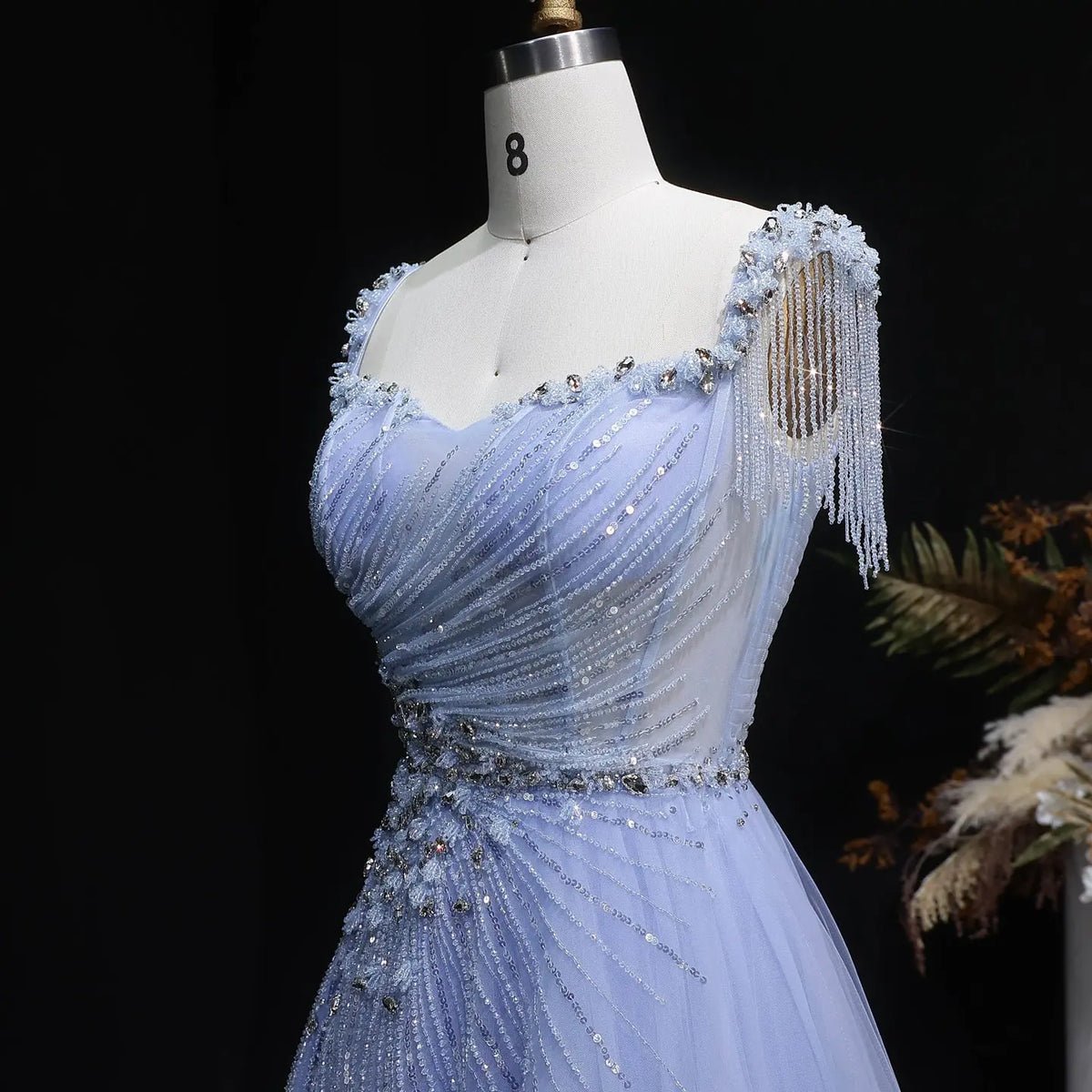 Luxury Blue Tassel Beaded Tulle A-Line Evening Dress SS058 