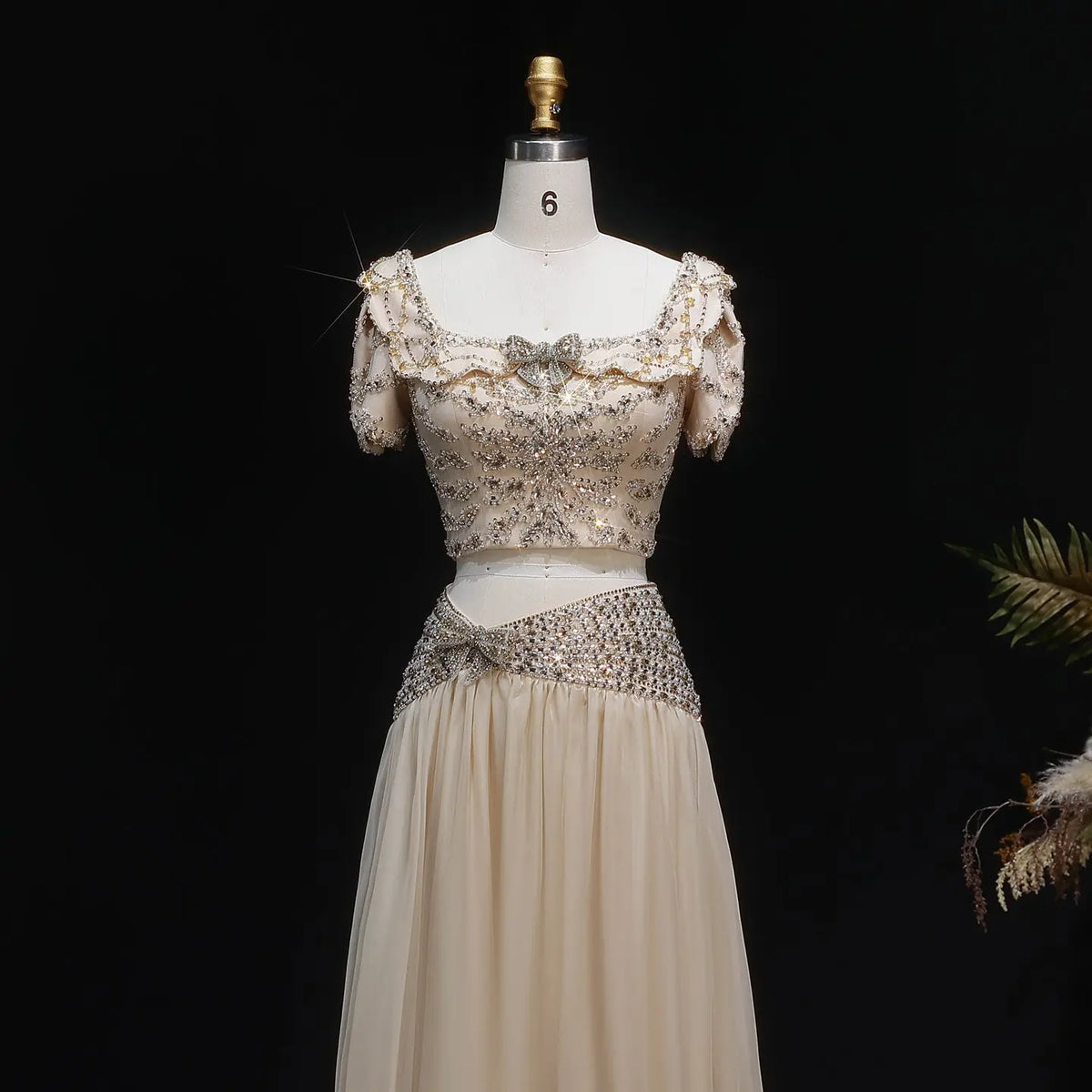 Champagne Beaded Corset Two-Piece Evening Dress with Puff Sleeves SS544 