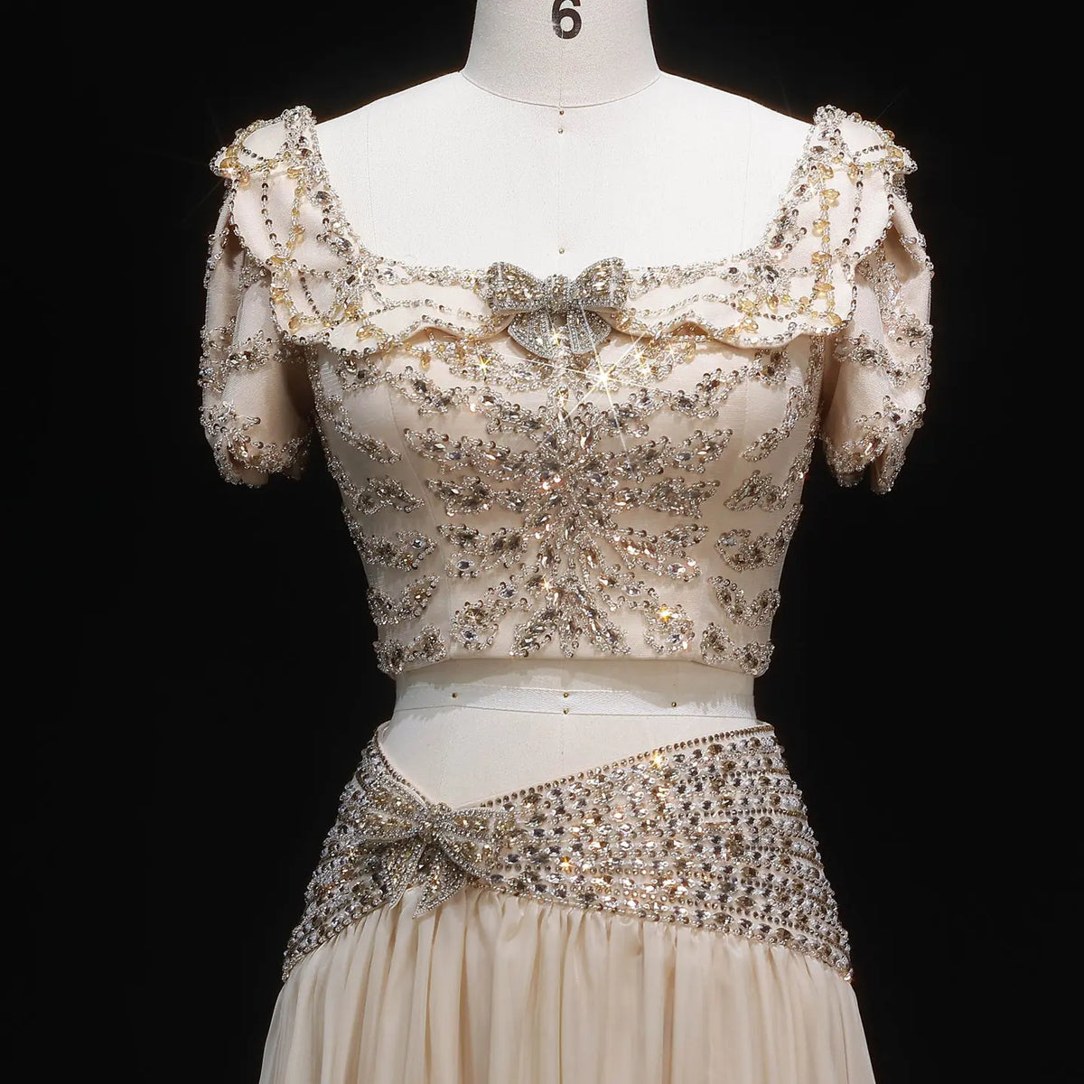 Champagne Beaded Corset Two-Piece Evening Dress with Puff Sleeves SS544 